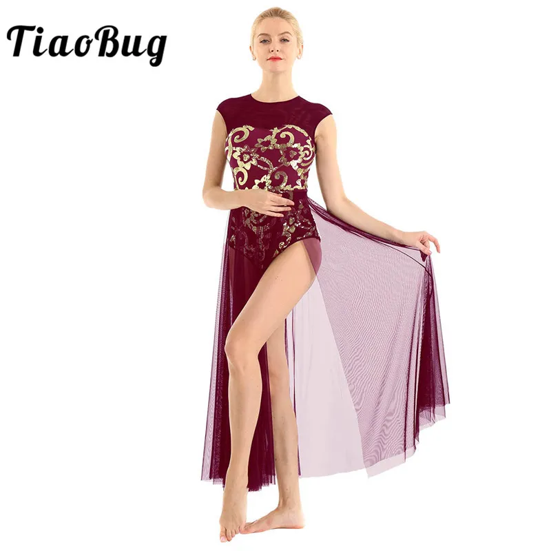 TiaoBug Sleeveless Floral Sequins Gymnastics Ballet Leotard Women Long Dress Adult Modern Contemporary Lyrical Dance Costumes