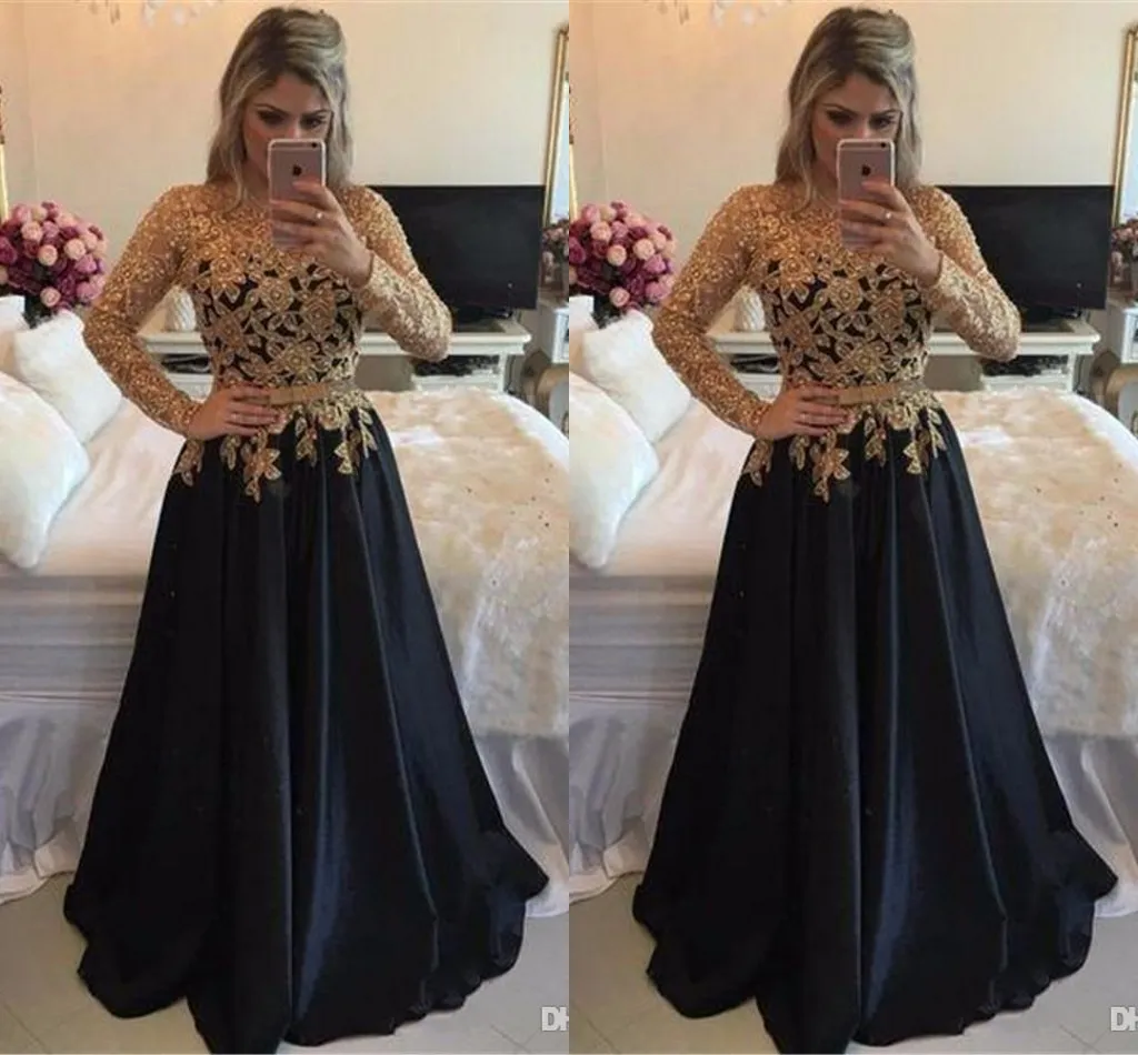 Elegant Black Gold Applique Beads Satin A Line Evening Dresses Long Sleeves Floor Length Formal Dress Evening Party Prom Dresses Long