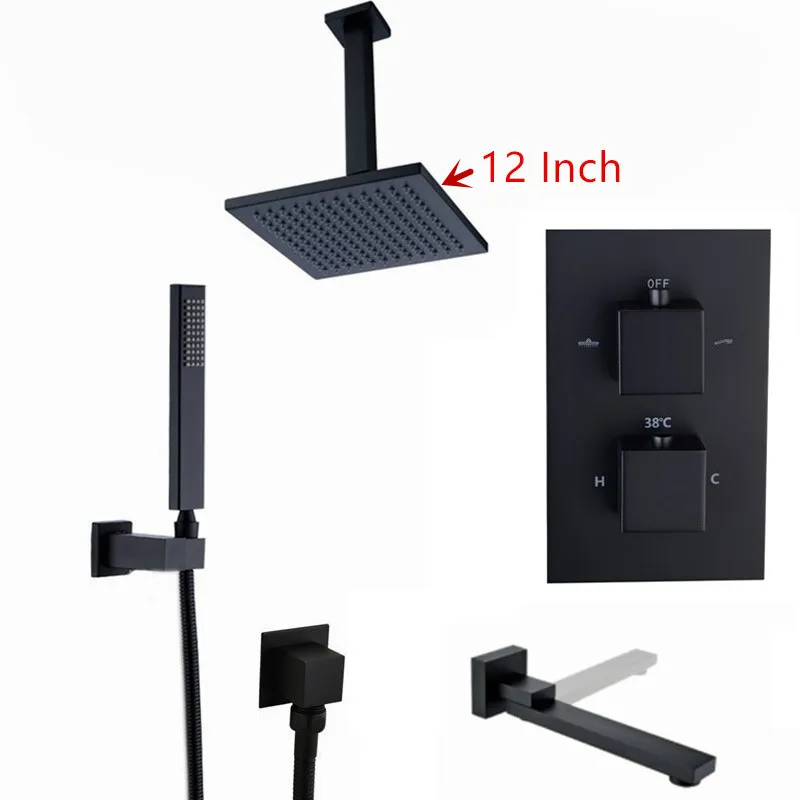 Black Messing Thermostatische Kranen Badkamer Kraan Set Thermostatische Mengklep met 12 Inch Rainfull Douchekop 3 manieren