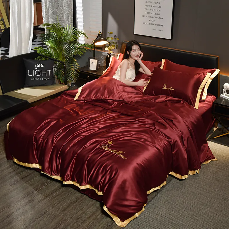 Leer luxe zijden quilt satijnen bed linnen katoen massief satijnen dekbedovertrek set king size leerbladen sets fb2005009