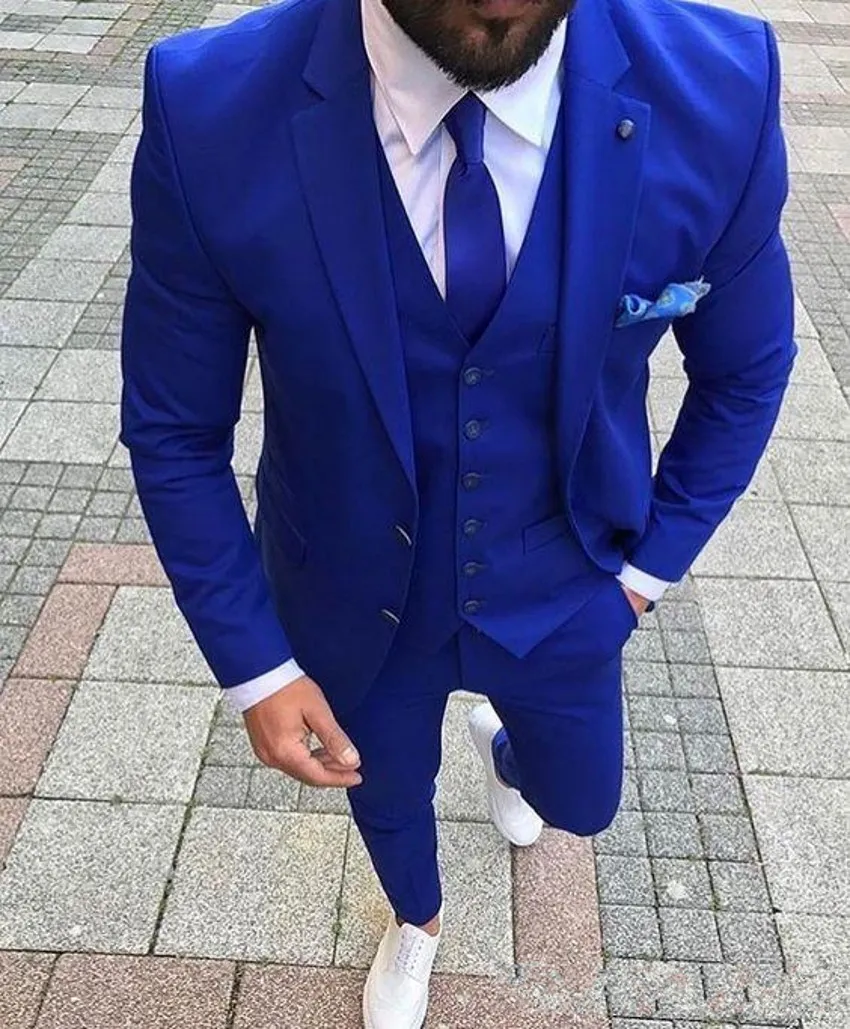 Kraliyet Mavi Damat Smokin Çentik Yaka Groomsmen Erkek Gelinlik Mükemmel Adam Ceket Blazer 3 Parça Suit (Ceket + Pantolon + Yelek + Kravat) 1765