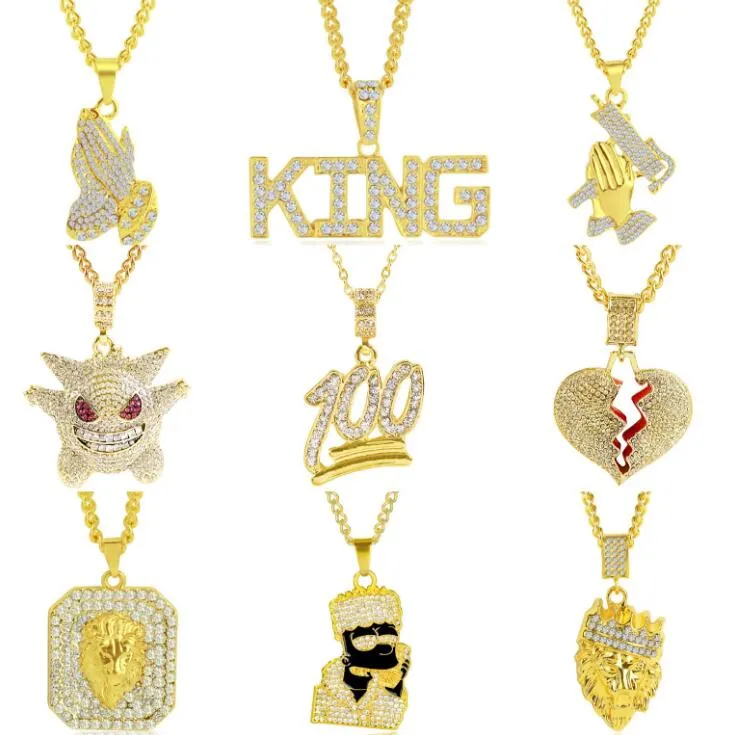 Bling Bling Iced Out Punk Hip Hop Halsband Män Kvinnor Crown Lion Head King Pendant Halsband