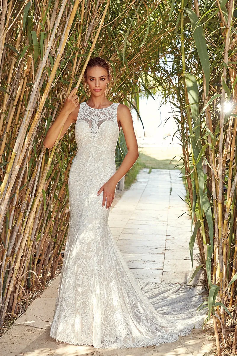 Elegant Mermaid Style Bridal Dresses Jewel Neck Lace Wedding Gowns - Main Image
