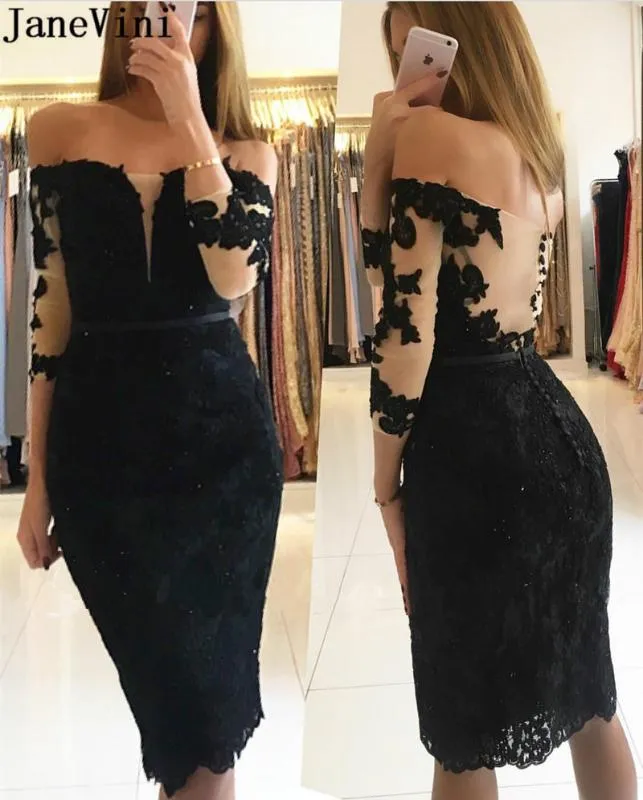 JaneVini nero sexy del ginocchio abiti da cocktail Lunghezza corto in pizzo in rilievo donne maniche abito del partito non troppo formale abito vestidos de fiesta