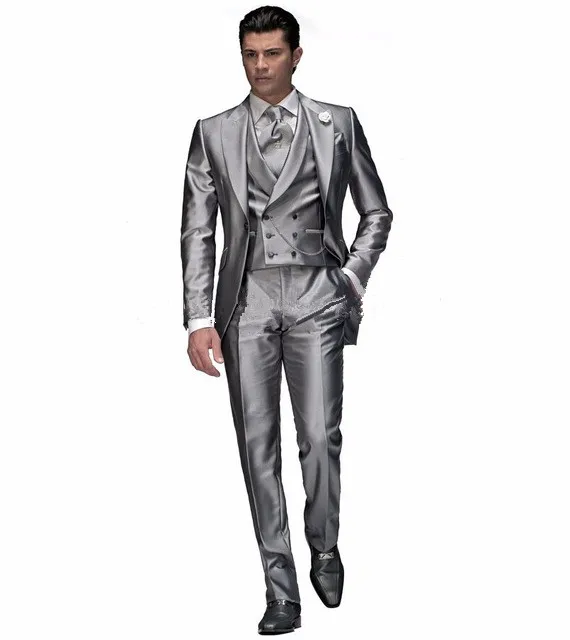 Custom Made Classic Heckmantel Herren Designer Hochzeitskleid Kleidung Glänzende Silber Hochzeit Anzug für Männer Bräutigam Smoking Kostüm Homme