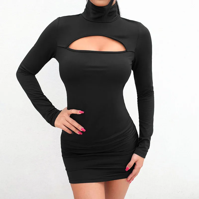 Women Europe New Hollow Out Black Sexy Mini Dress Long Sleeve High Collar Tight Dresses Fashion Night Club Party Clothing S M L