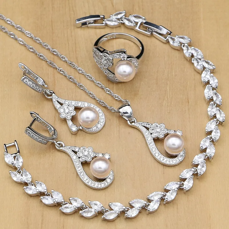 Set di gioielli in argento 925 con perle di perle rosa per orecchini da donna / pendenti / anelli / bracciale in pietra di zircone / set di collane