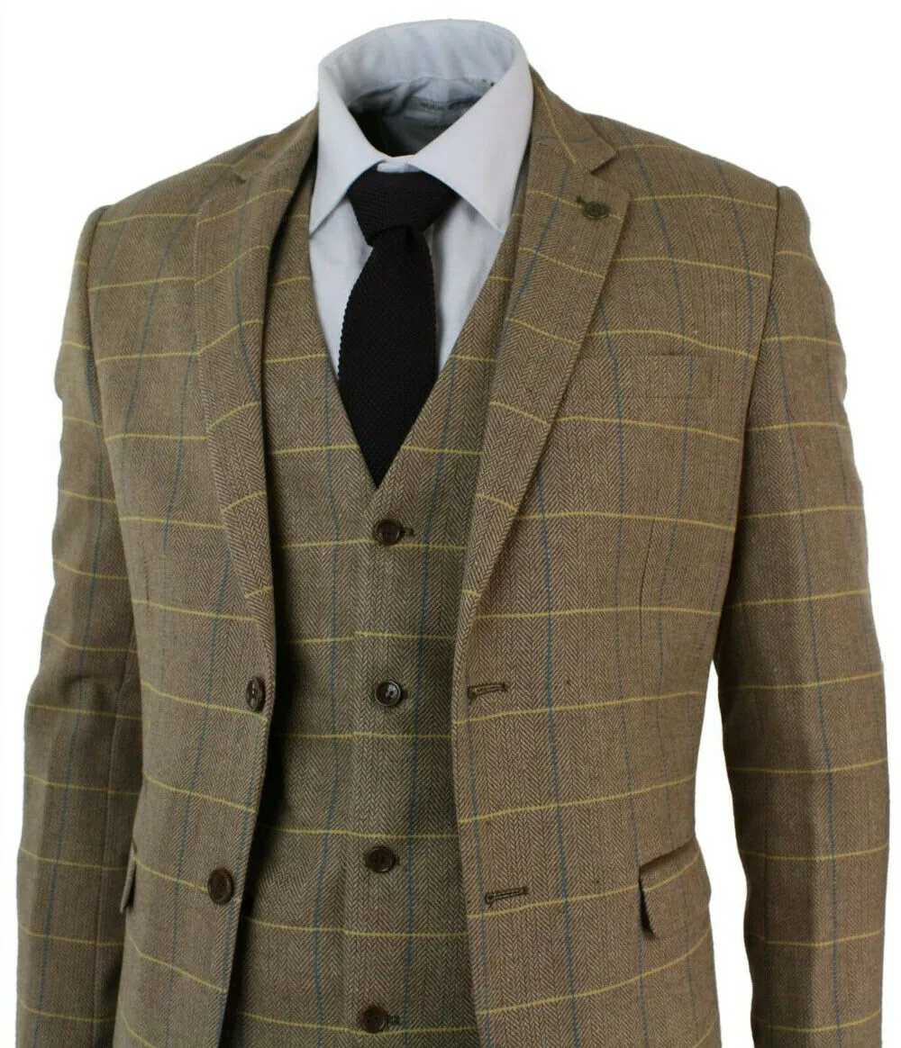 Mens Check Vintage Herringbone Tweed Light Brown Oak Suit Slim Fit ...