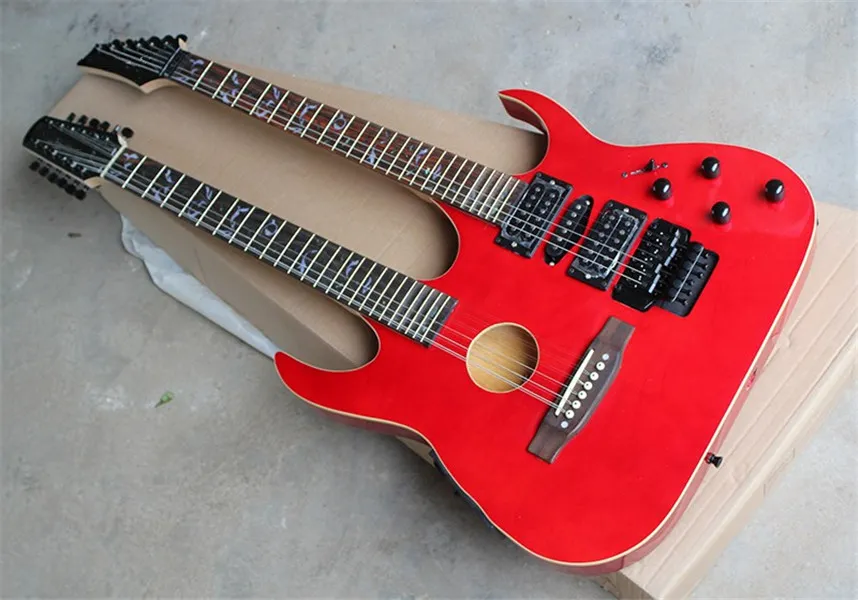 Double Neck Red Semi-holle lichaam 6 + 12 strings elektrische gitaar met zwarte hardware, palissander toets, kan worden aangepast