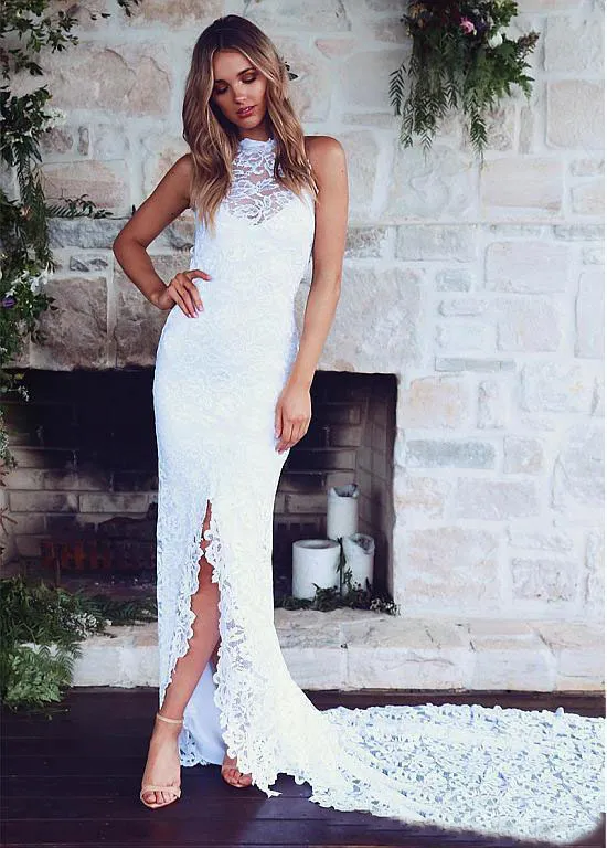 slim fit dress slacks Boho Sheath Sleeveless Lace High Neck Wedding Dress with Keyhole Back- –  DorrisDress main image 0