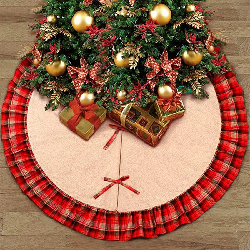 Christmas Tree Skirts Bowknot Patchwork Home Pad Red Lattices Linen Ornament Festival Supplies Decoration ZZA1115 12pcs