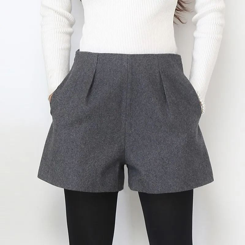 Wide Leg Winter Shorts For Women Wool Boots Shorts Candy Colors Zip Up Loose Short Pants With Pockets Female Casual Wear Y190429