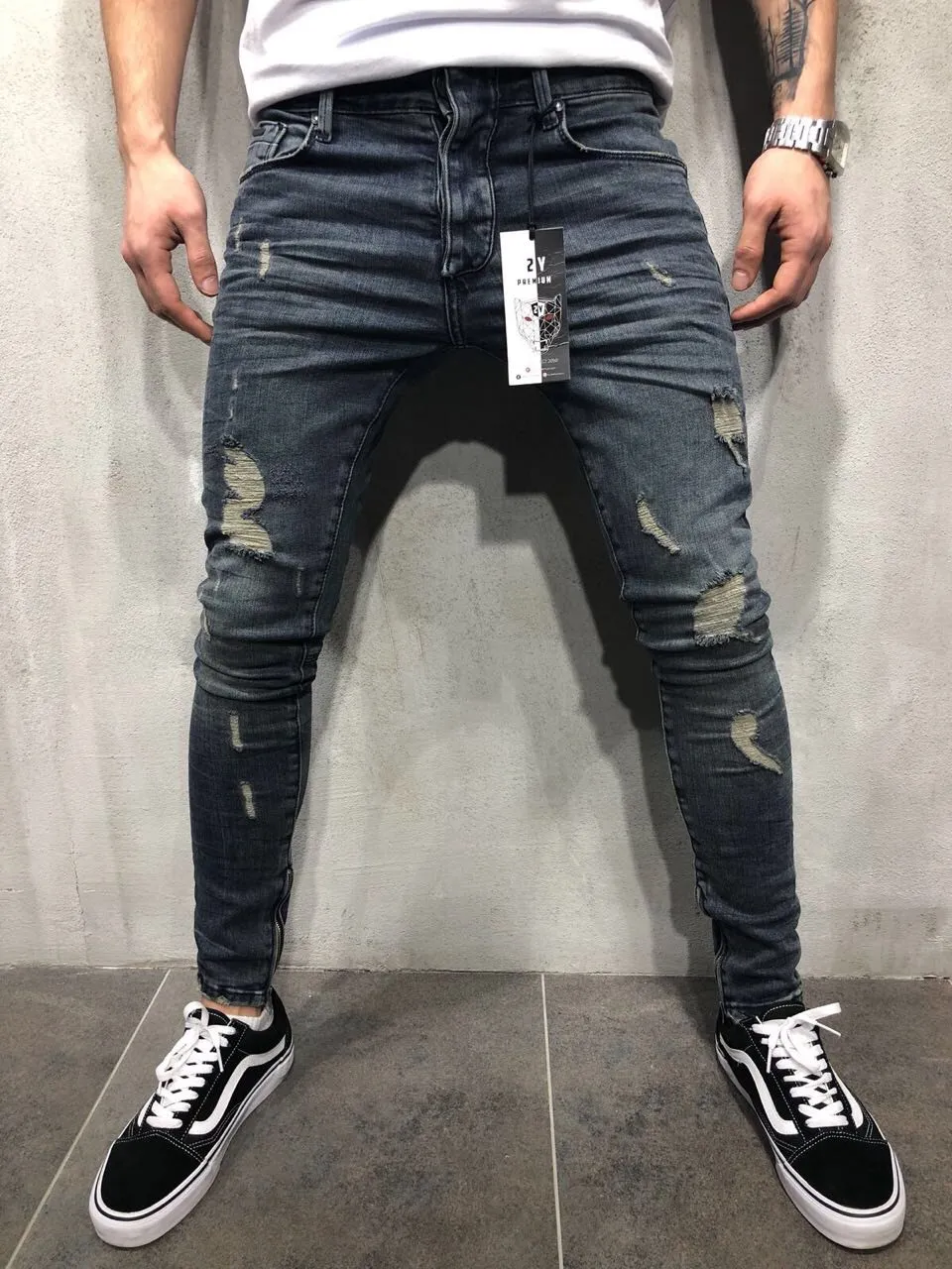 Styliste de mode en détresse trou de fermeture éclair pantalon en jean mince hommes jean de motard maigre