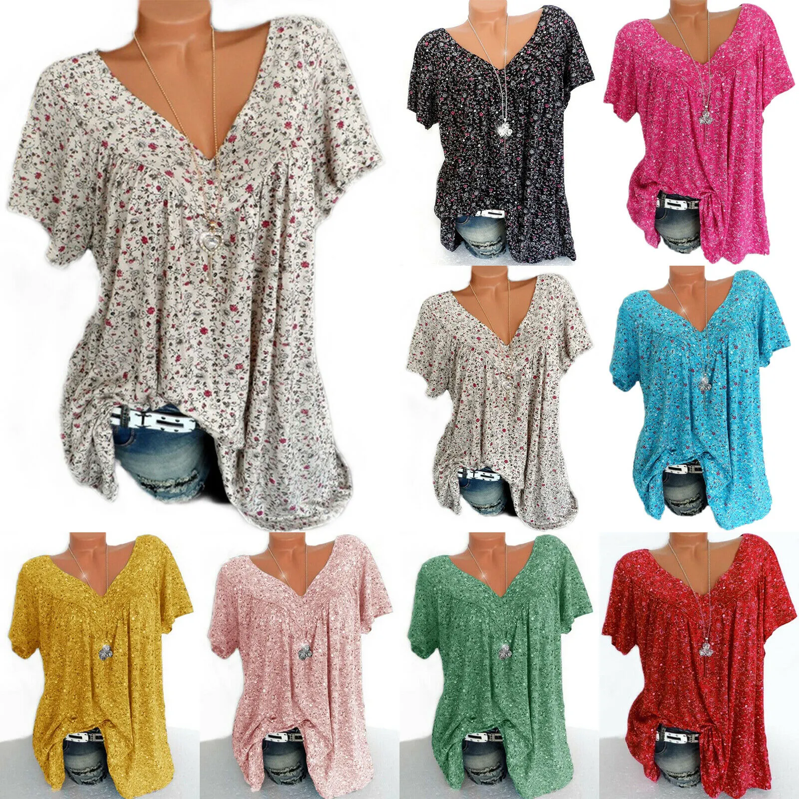 Lato Topy Kobiet V Neck Floral Tee Koszulki z krótkim rękawem Bluzka Luźne Tuniki Topy Plus Rozmiar