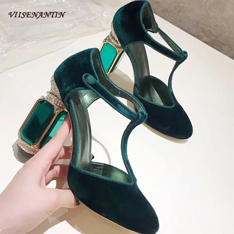 Viisenantin Velvet High Heel Shoe Green Purple Red T Belt Retro Style Rhinestone Gemstone Wedding Party Shoes 210331