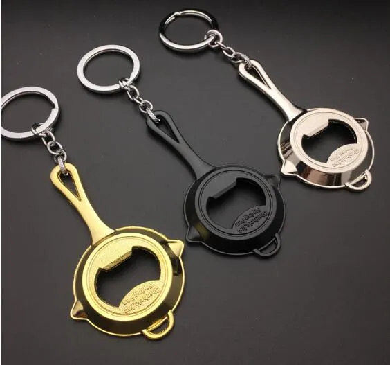 100pcs/lot Hot Game 3 Colors 3D Pan Beer Bottle Opener Alloy Keychains Silver Gold Black Antique Bronze Men Keyring Gift