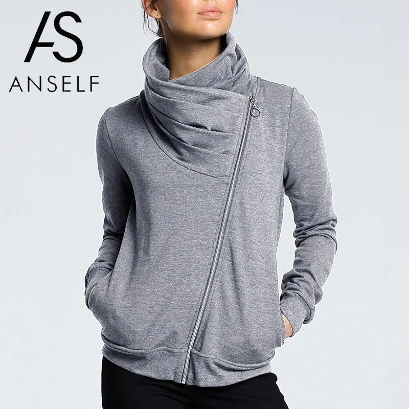 Sweats à capuche pour femmes Sweats Femmes Sweat à col roulé Polaires chaudes Fermeture à glissière diagonale Manches longues Manteau Asymétrique 2021 Pulls d'automne