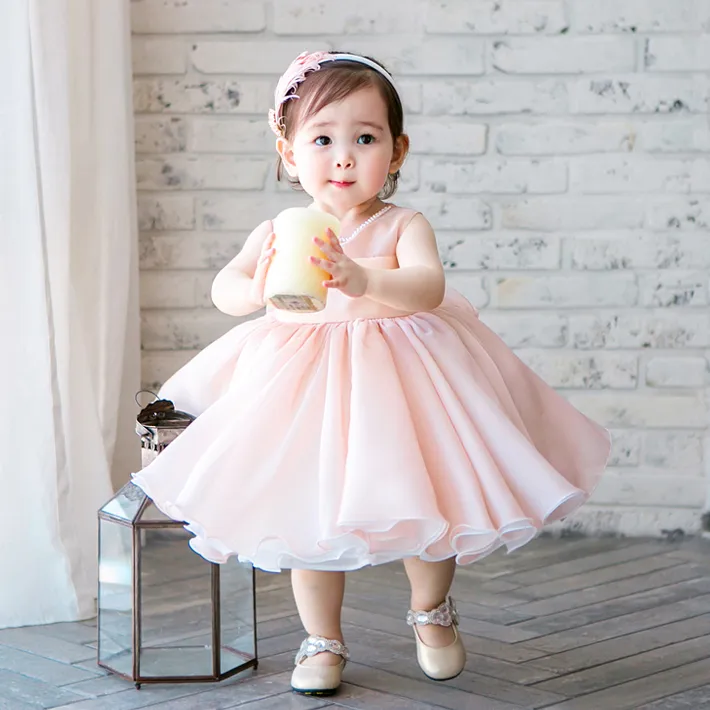 Abito senza maniche in chiffon Cute Pink Newborn Girl Dress in rilievo  Infant Vestito del battesimo 1 anno la festa di compleanno per il bambino