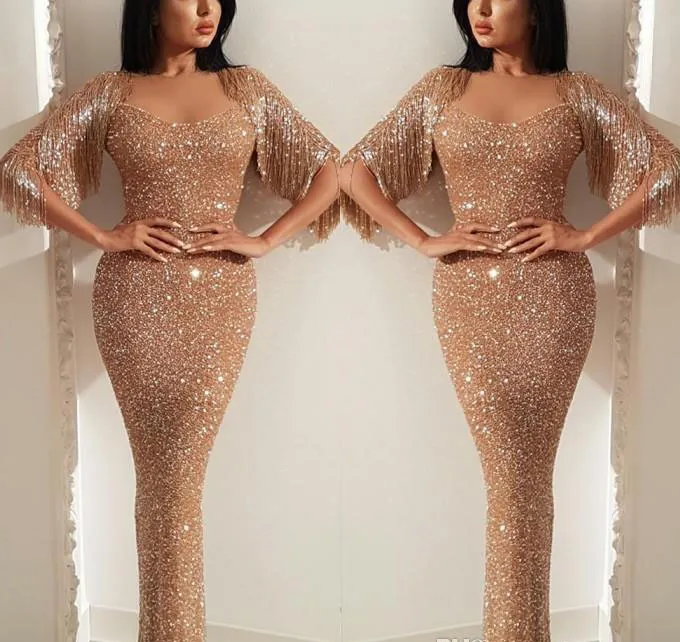 2019 Cheap Evening Dress Sexy Arabic Dubai Mermaid Sequined With Tassel Holiday Women Wear Formal Party Prom Gown Custom Made Plus Size
