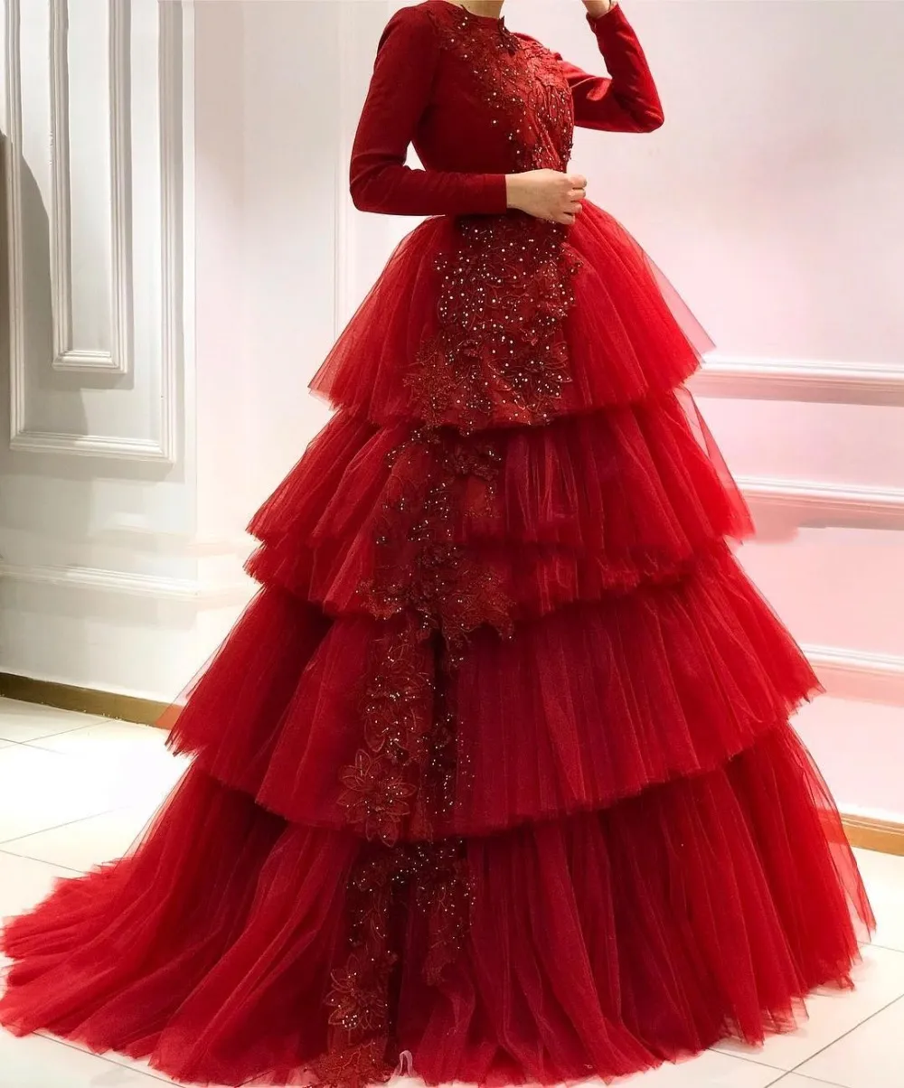 Elegant Red Long Sleeve Arabic evening dress with Tiered Tulle for Women - Perfect for Formal Events, Proms, and Dubai Bridal Parties in 2019