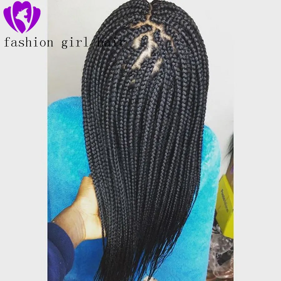 Long Braided Black Heat Resistant Fiber Synthetic Hair Wigs box Braids Middle Part Made Hand For American Women