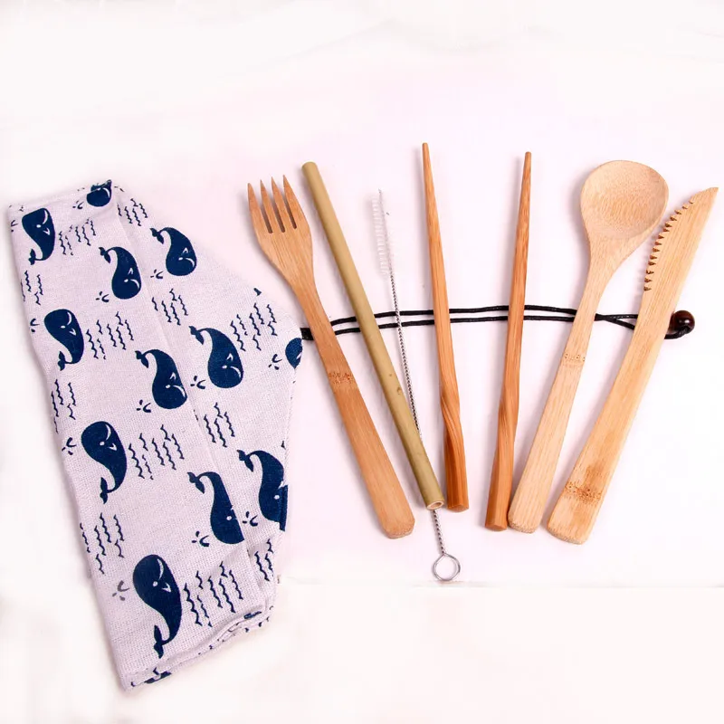 Bamboe mes en vork lepel bestek kit set eetstokje stro borstel servies reizen picknick pak met canvas tas