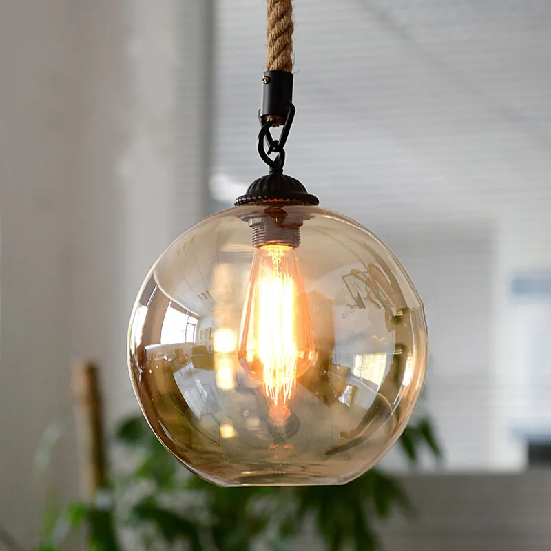 Boule de verre industrielle corde de chanvre lampes suspendues E27 AC 110V 220V lampe pour salle à manger salon café Bar