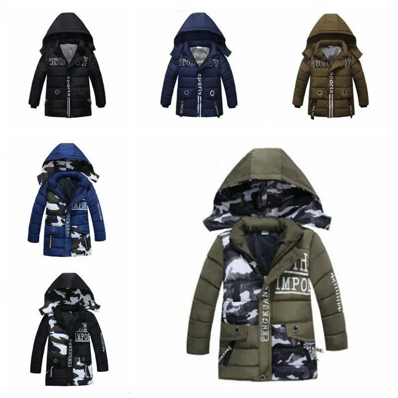 Camo Long Hooded Outerwear Pocket Hoodies Outwear Jumper Boys Cotton-padded Jackets Kids Winter Down Coats Clothes Baby Clothing AZYQ6500
