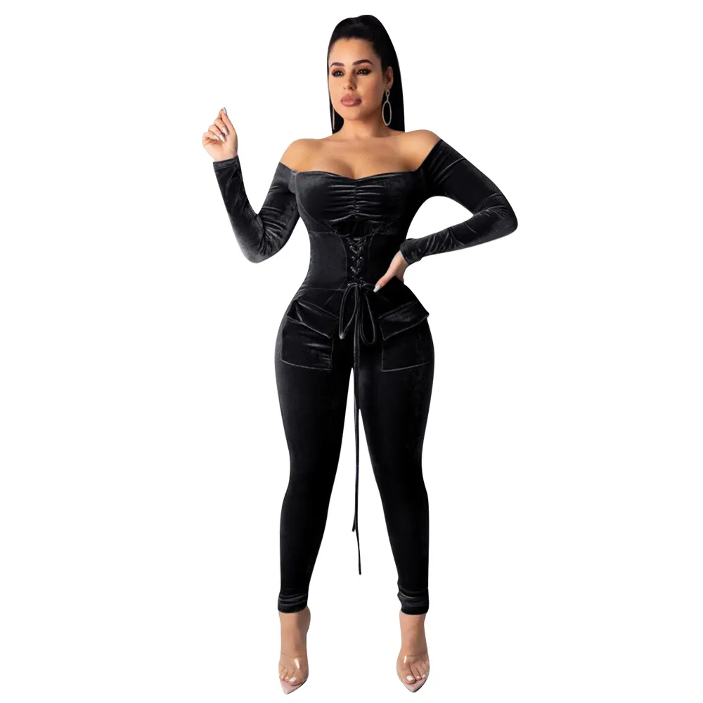 Women Velvet Jumpsuit Tracksuit Set Long Sleeve Bodysuit Tops Long Pants 2 Piece Outfits Club-wear Romper