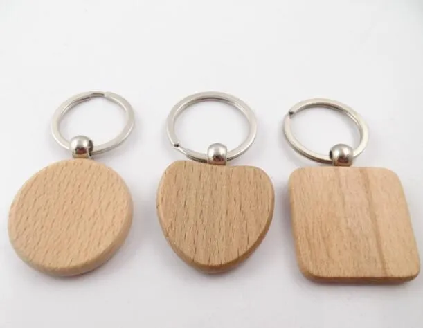 Trä Keychain Blank Wood Nyckel Kedja Bilväska Hängsmycke En mängd olika former Round Square Heart Key Ring Party Favor GGA2773