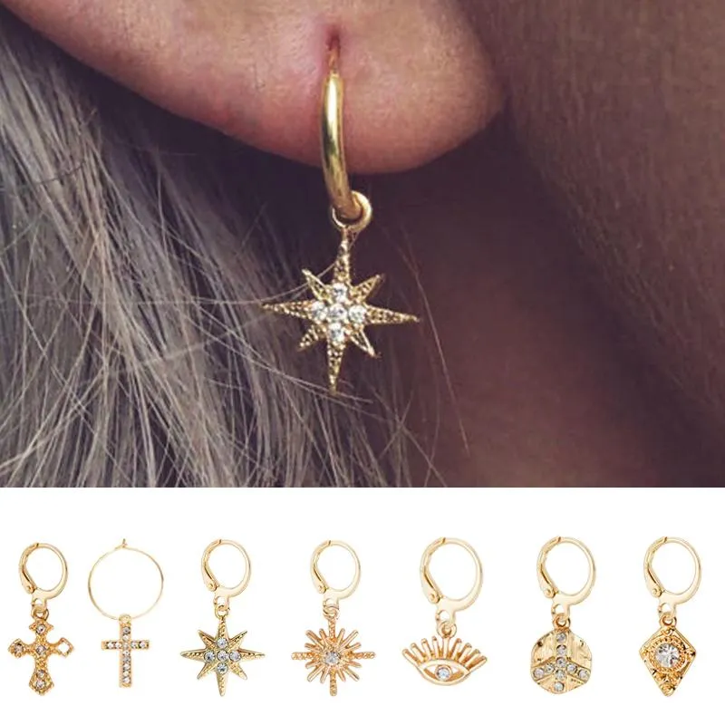 Brincos de argolas de estrela selvagem para mulheres moedas de ouro cruzam pequenos olhos pequenos brincos de argolas huggie com strassinistas minimalistas jóias
