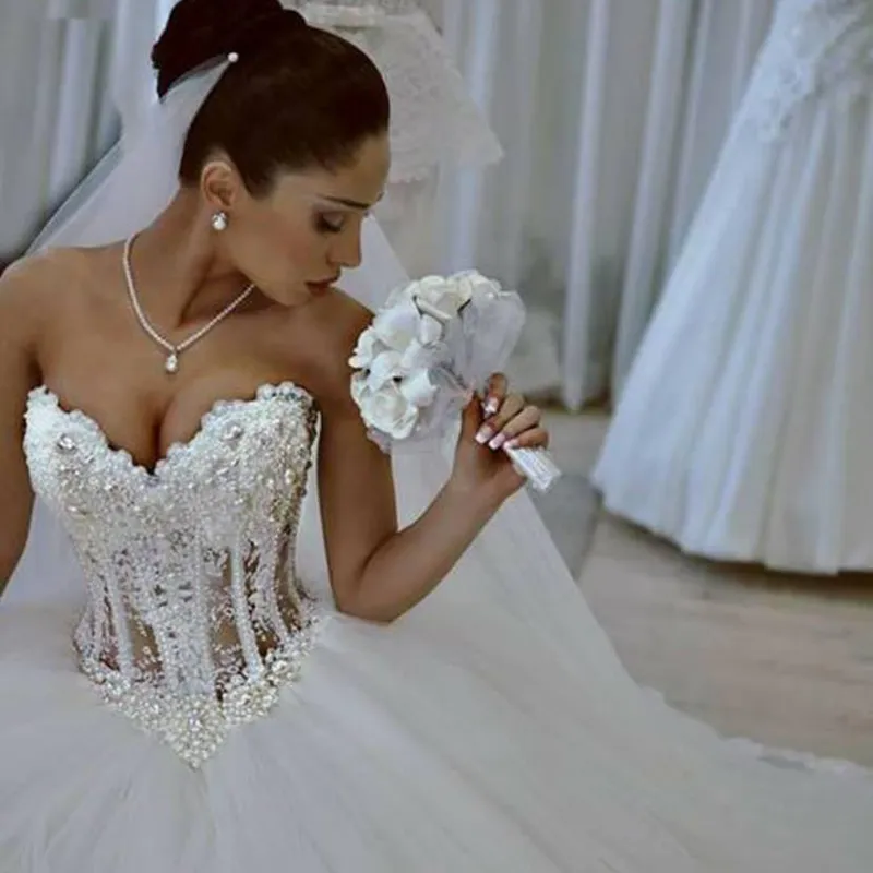 Sweetheart Corset Corset Ballgown Wedding Dress with Beaded Lace and Pearls - Floor Length Princess Bridal GOP