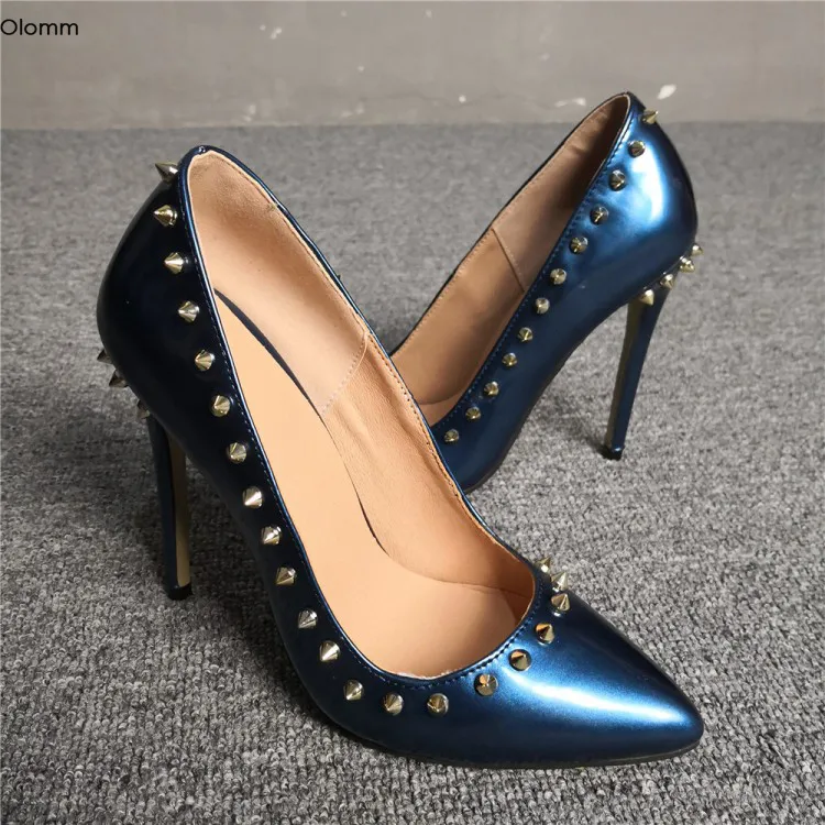 Rontic nouvelle mode femmes pompes Sexy Rivets minces talons hauts pompes charme bout pointu magnifique bleu fête chaussures femmes taille américaine 5-15