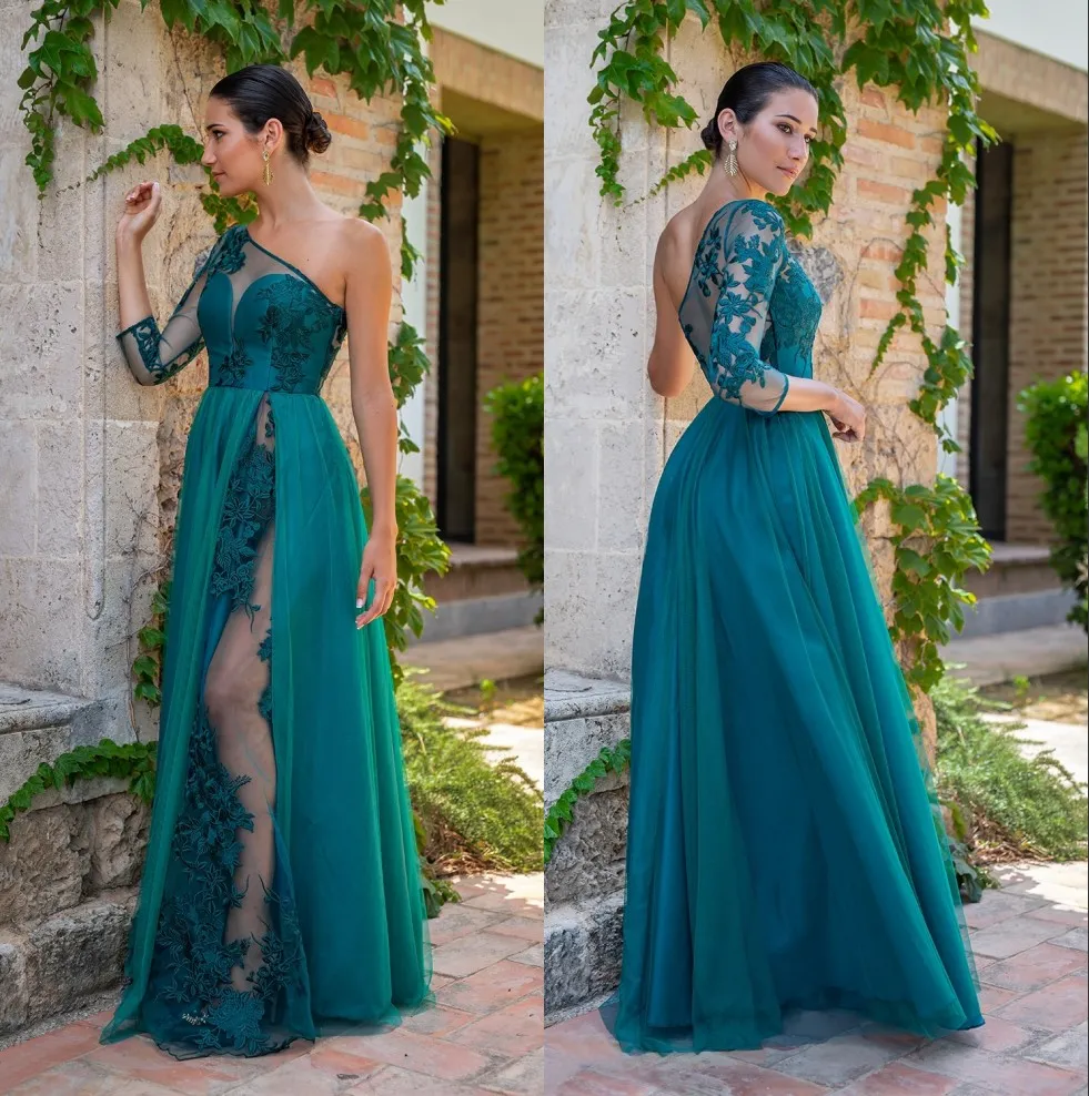 Vert chasseur une épaule pure à manches longues dentelle robes de soirée 2020 appliques en mousseline de soie longueur de plancher formelle fête robes de bal