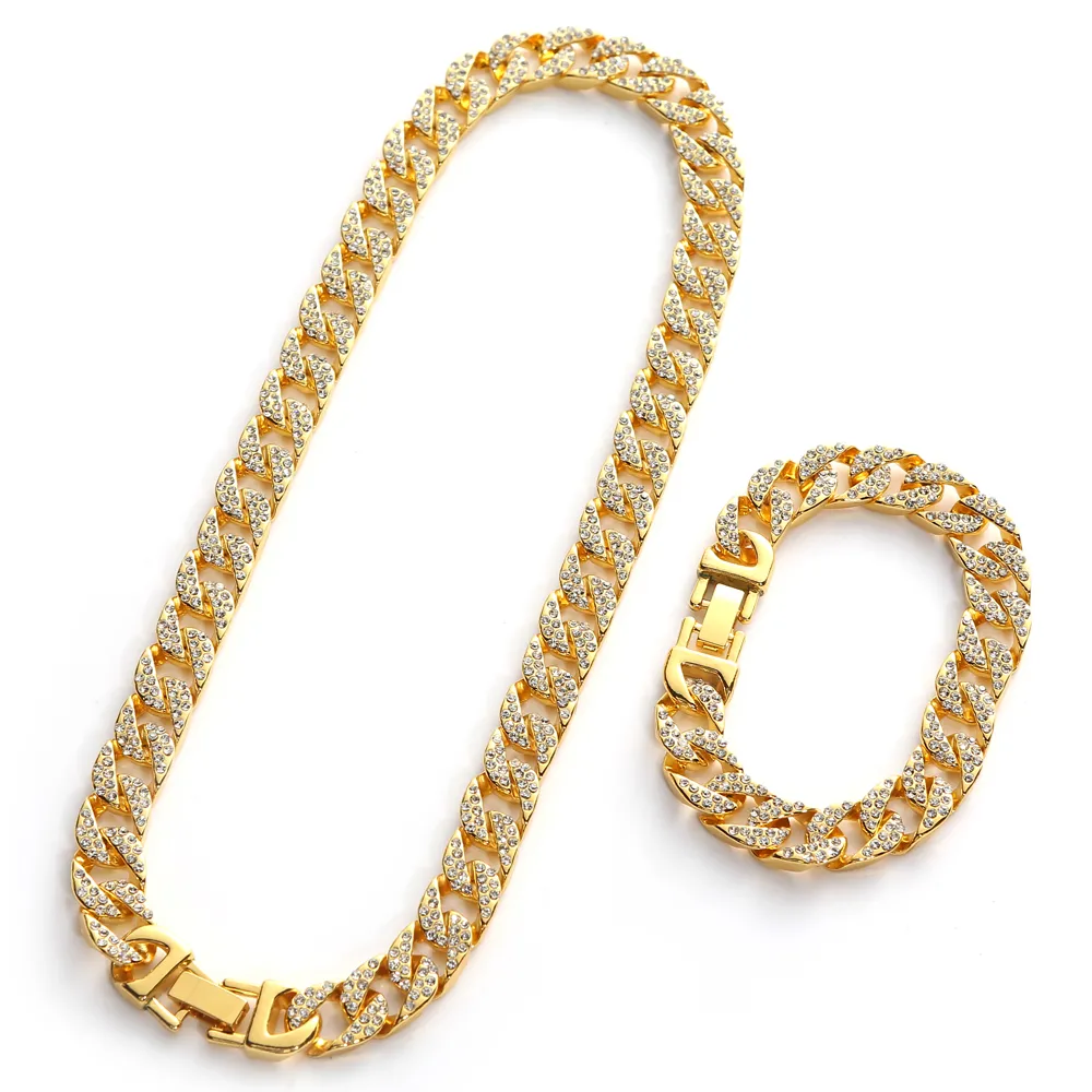 Hip Hop Iced Out Miami Cuban Collegamento Catena per uomo Bling Bling Crystal Rhinestone CZ Rapper Gold Argento Collana Collana Collana Bracciali