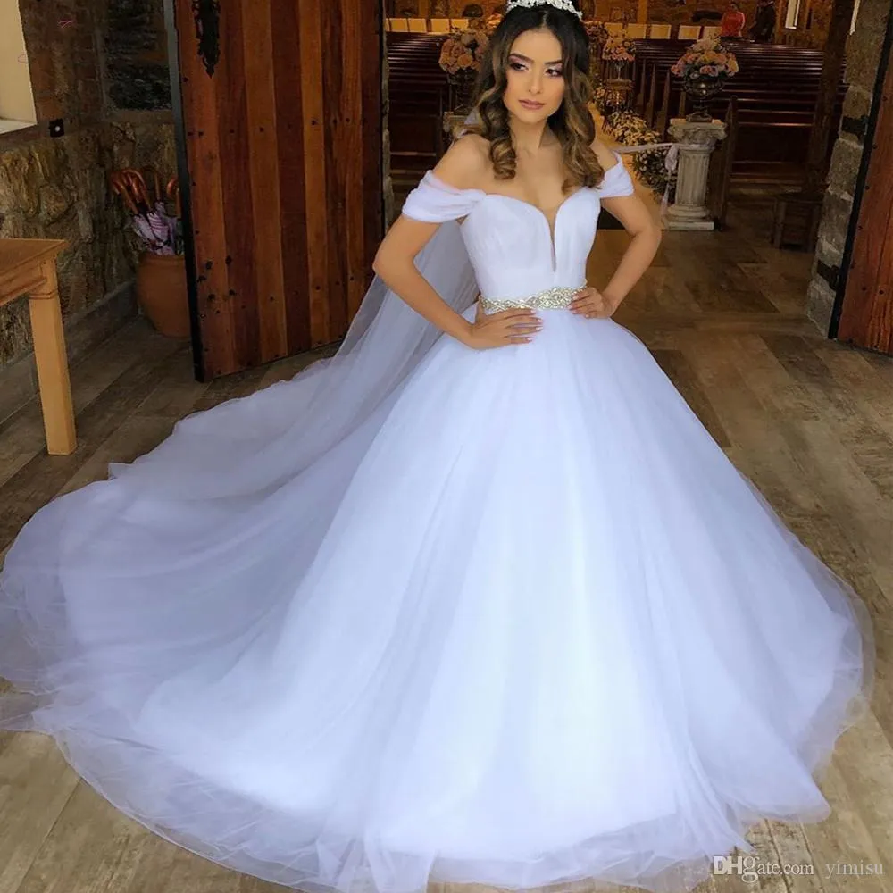 Gorgeous Elegant White Ball Gown Wedding Dresses Off Shoulder Lace up Back Sash Beads Tiered Chapel Garden Bridal Gowns vestidos de novia