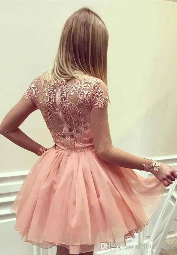 Glamorous Sheer A-Line blush homecoming dress with Long Sleeves - 2019 Collection for Juniors, Sweet 15, Graduation, Cocktail Parties - Customizable