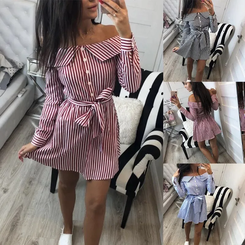 Save Big on Bulk Off Shoulder Long Sleeve Mini Dress Womens Designer  Dresses Summer Off Shoulder Women Mini Dress Stripe Shirt Print Autumn  Casual