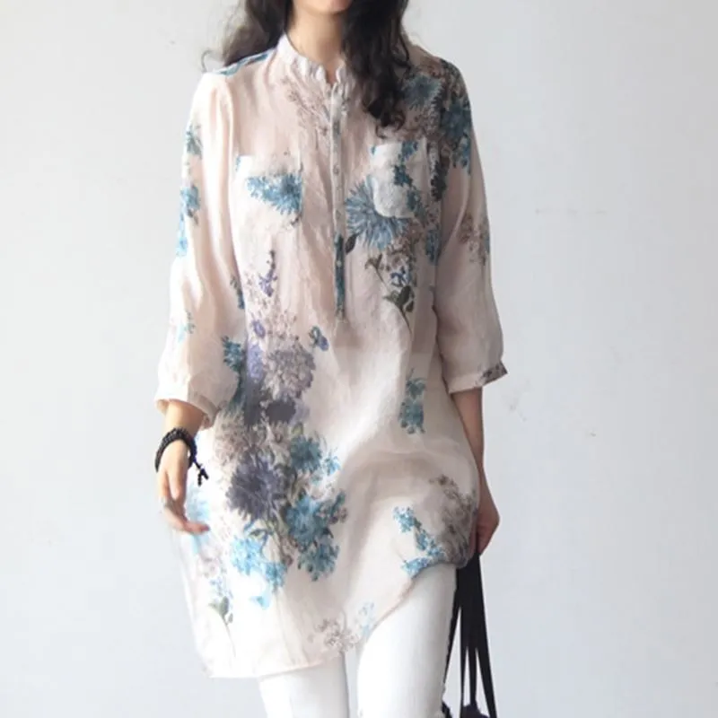 أزياء-خمر المرأة الأزهار طباعة بلوزة القطن الكتان قميص عارضة فضفاض قمم الإناث قميص طويل blusas تونك النمط الصيني DP824050