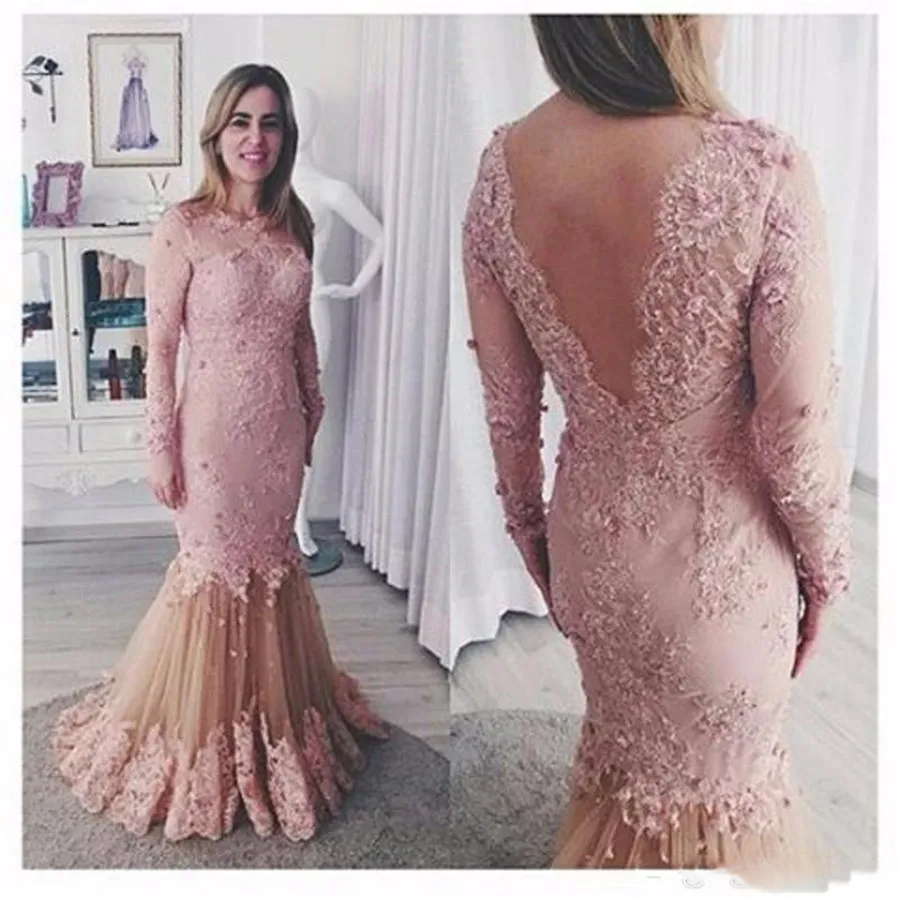 O-Neck Långärmade Lace Appliques Formella Aftonklänningar Beaded V-Shape Back Elegant Natural Waistline Prom Party Gowns for Ladies