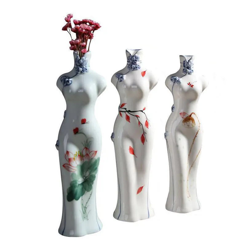 Chinese Cheongsam Style Porcelain Vase Hand Painted Traditional Qipao Lady Statue Elegant Decoration for Home Wedding Hotel