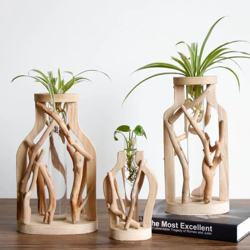 Reine Handarbeit aus Holz Vase Dekoriert Massivholz-Blumentopf für Creative Glass Floral Hydroponic Container-Home Dekorative Vase
