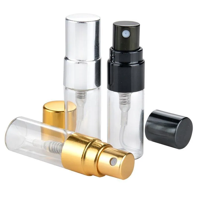Bouteille de parfum en verre rechargeable de voyage de 3ML, avec pulvérisateur UV, pompe cosmétique, atomiseur argenté et noir