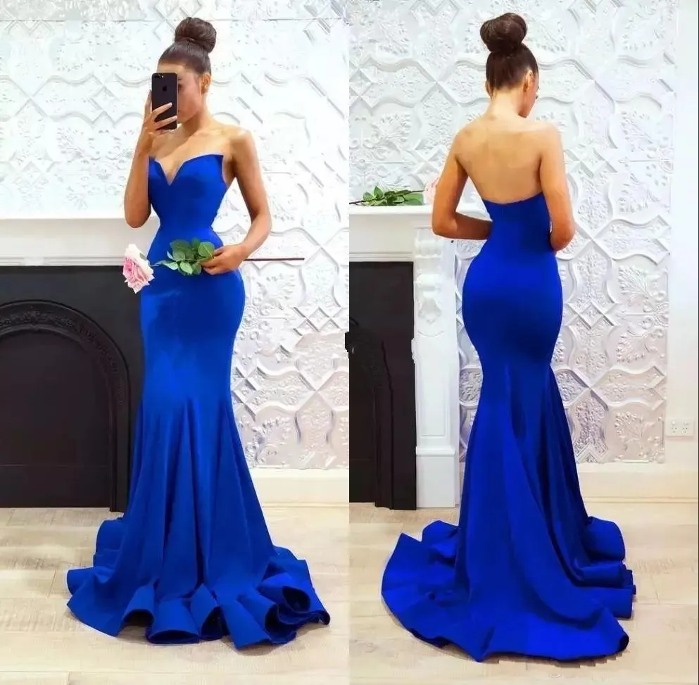 Royal Blue Mermaid Prom Klänningar 2020 Sweetheart Neckline Enkel Satin Sweep Train Custom Made Plus Size Formal Evening Party Grows