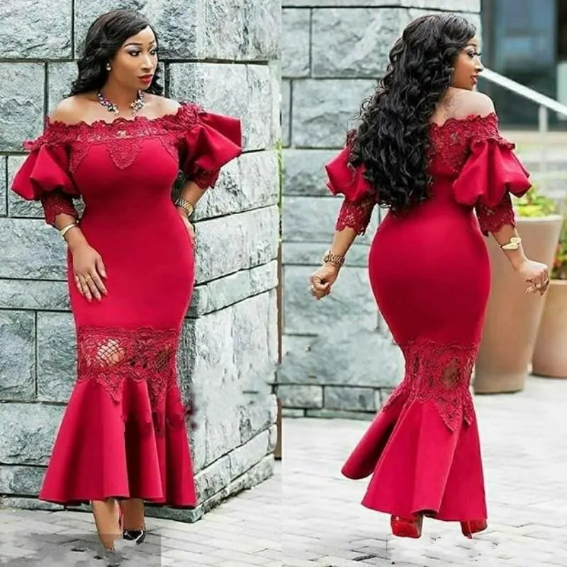 2019 New Cheap Red Cocktail Dresses Off Shoulder Lace Satin Puffy Long Sleeves Ankle Length Sheath Celebrity Prom Party Homecoming Gowns From 90 95 DHgate