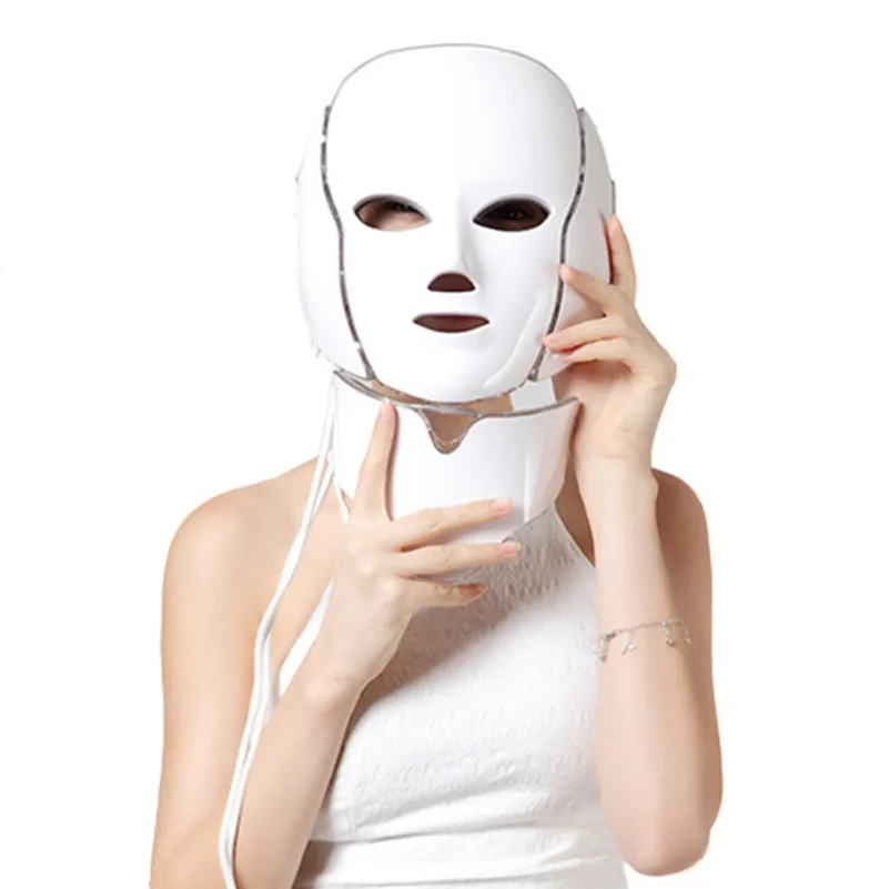 Nyaste 7 Färg LED Light Therapy Face Beauty Machine LED Facial Neck Mask med mikrourent för hudblekning