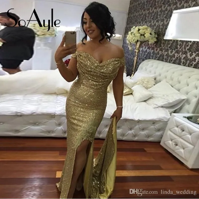 Shimmering Gold Sequin Bridesmaid Dress Alluring Split Front Maxi Gown for Weddings and Formal Events