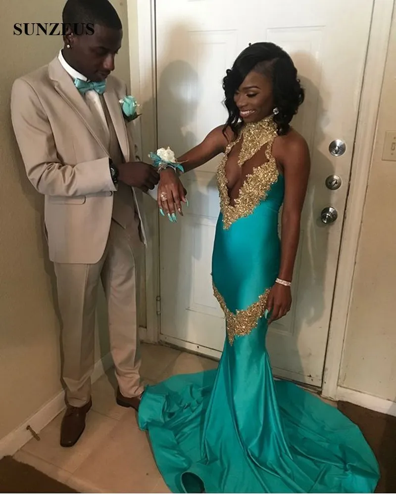 Turquoise Prom Dresses With Gold Appliques Lace... From Sunzeusdress,  $179.9 | DHgate.Com