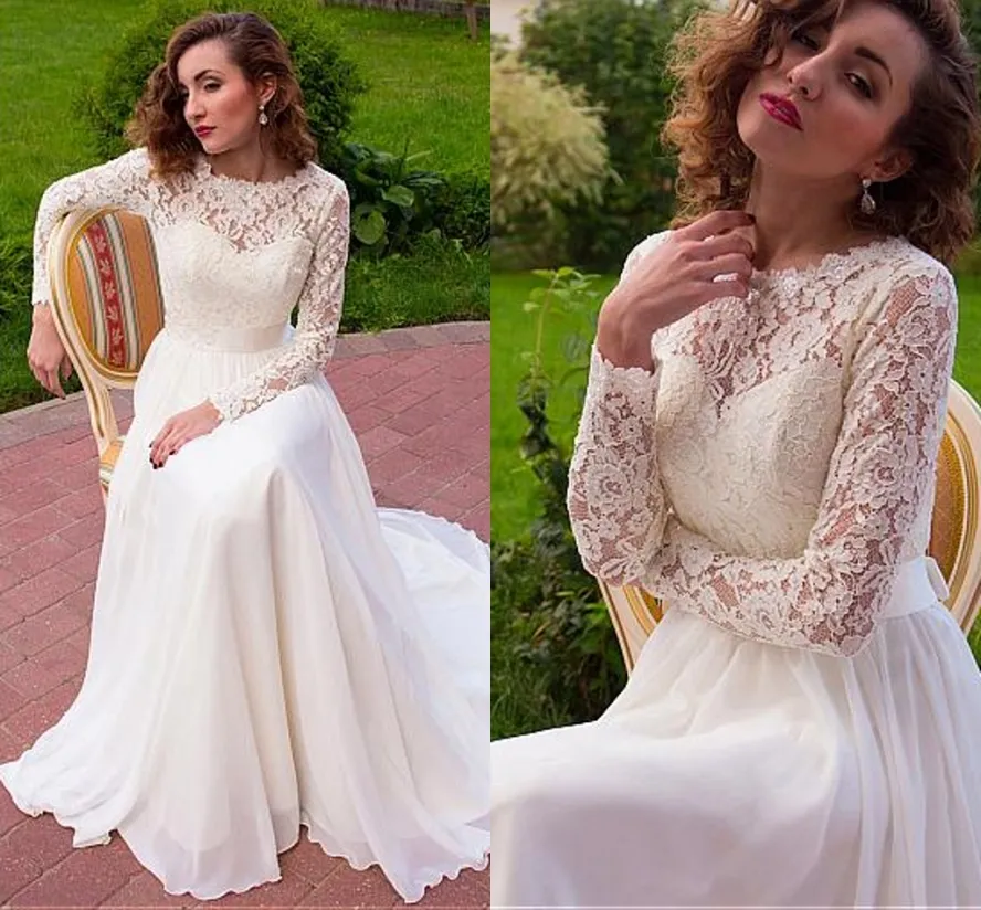 2020 Belo Boho O-pescoço Manga Longa Vestidos de Noiva de Laço Chiffon A-Linha Ilusão de Voltar Chão Comprimento Longo Vestidos de Noiva Vestidos Bridais