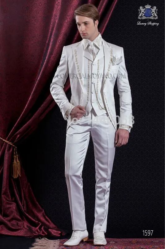 Moda One Button White Haft Groom Tuxedos Peak Lapel Men Garnitury 3 Sztuk Wedd Prom Blazer (Kurtka + Spodnie + Kamizelka) W487